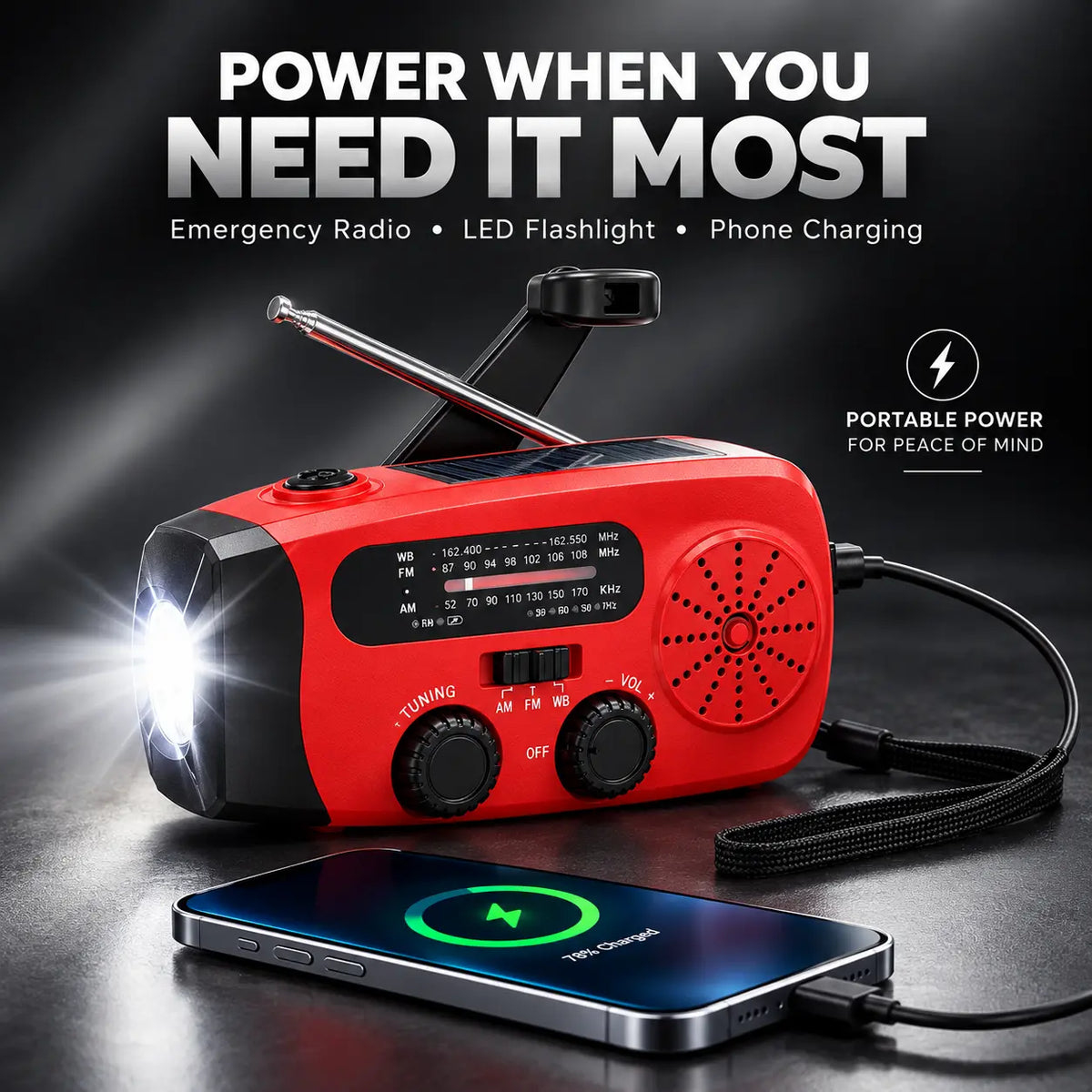 Multifunctional Emergency Radio – 2000mAh Solar Powered, Hand Crank, AM/FM/WB Radio & LED Flashlight Kraazy Store