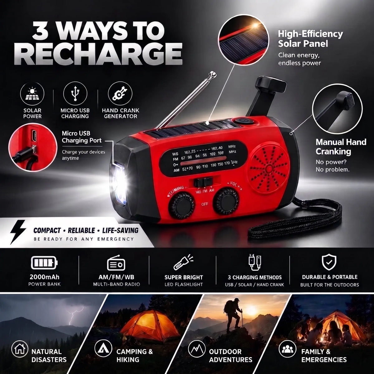 Multifunctional Emergency Radio – 2000mAh Solar Powered, Hand Crank, AM/FM/WB Radio & LED Flashlight Kraazy Store