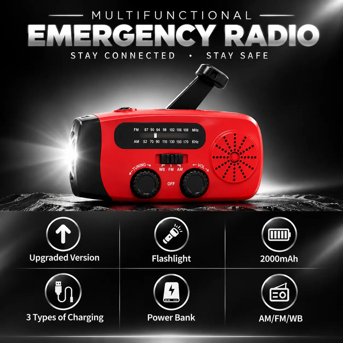 Multifunctional Emergency Radio – 2000mAh Solar Powered, Hand Crank, AM/FM/WB Radio & LED Flashlight Kraazy Store