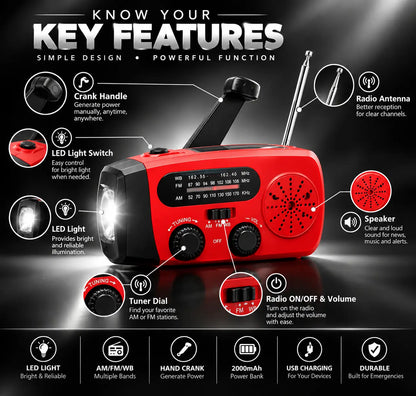 Multifunctional Emergency Radio – 2000mAh Solar Powered, Hand Crank, AM/FM/WB Radio & LED Flashlight Kraazy Store